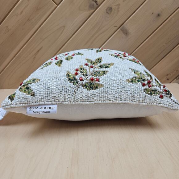 Glitz + Glimmer Beaded Holiday Pillow 12" x 12" Christmas Holly Berry Holiday - Picture 6 of 10